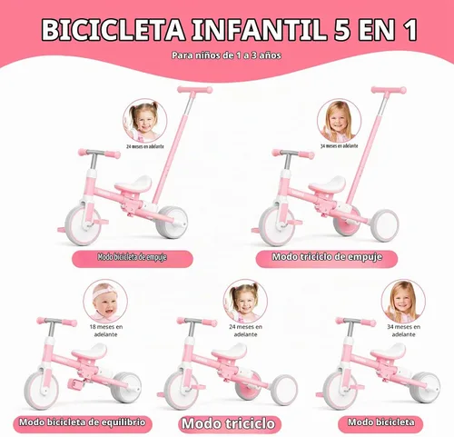 Vista 4 de KORIMEFA Triciclo 5 en 1 para niños pequeños de 1 a 3 años, bicicleta para Rosa