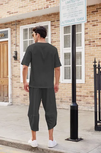 Vista 4 de COOFANDY Conjunto de 2 piezas de lino para hombre camisa Henley de manga corta y pantalones capri harén de pierna ancha pantalones de yoga