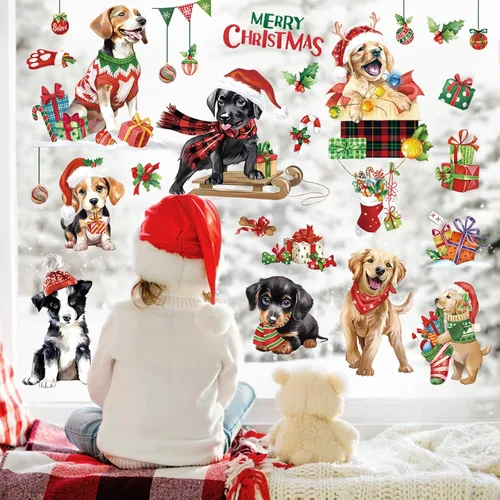 Vista 2 de decalmile Adhesivos de ventana de Navidad para perros y cachorros, reutilizables, para mascotas, perros, Navidad, doble cara, impresos, calcomanías