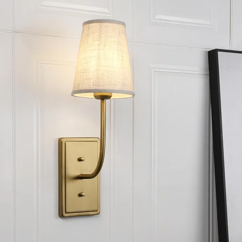 Vista 10 de Aplique de pared de latón de granja, 1 luz, pantalla de tela de lino, lámpara de pared interior con cable para dormitorio, sala de estar, tocador