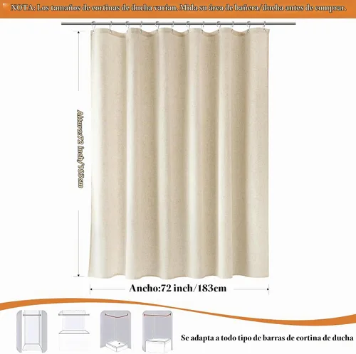 Vista 6 de Nanspring Cortina de ducha de lino para baño, 72 x 72 pulgadas, 1 panel Beige
