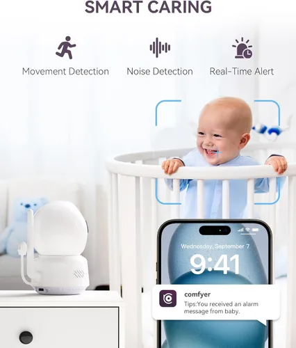 Vista 6 de Comfyer - Monitor para bebé/mascota para seguridad interior, monitoreo con aplicación para teléfono inteligente, resolución 2K QHD, seguimiento