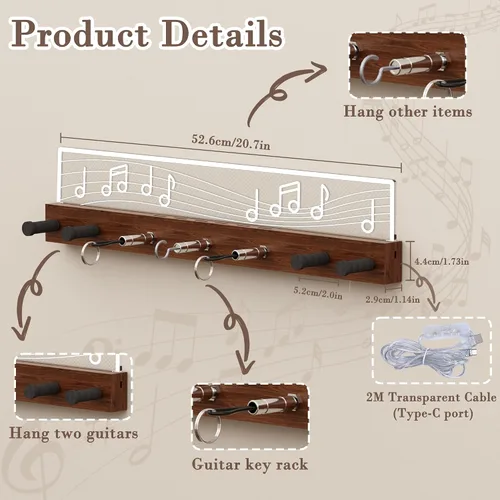 Vista 5 de CoolGift Mart Soporte de pared para guitarra iluminado, capacidad para 2 guitarras con 3 llaveros enchufables, diseño de notas musicales