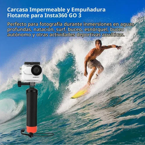 Vista 6 de Funda impermeable y agarre flotante compatible con Insta360 GO 3, carcasa protectora de buceo subacuático con accesorios de soporte