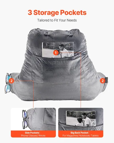 Vista 6 de VEVOR - Almohada de lectura, almohada grande para la espalda para sentarse en la cama con 3 bolsillos, almohada para sentarse en la cama con espuma