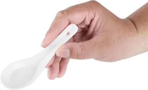 Vista 14 de Restaurantware Cuchara de degustación asiática de 4.9 pulgadas: aperitivo de porcelana blanca y cuchara de sopa - Perfecto para eventos de catering