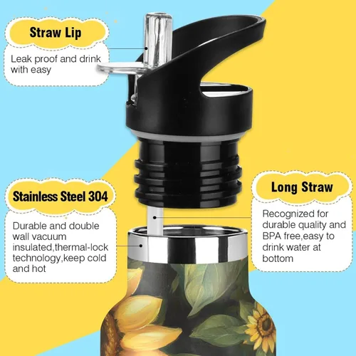 Vista 3 de Trendy Sunflower Oil Painting Style Leak Proof & BPA Free Sports Insulated Water Bottle With Straws Leak-proof Hot & Cold Double Walled for