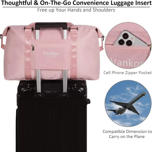 Vista 5 de Vankor - Bolsa de lona para viajes, impermeable, bolsa de viaje portátil de 20 pulgadas, Rosado, Elegante