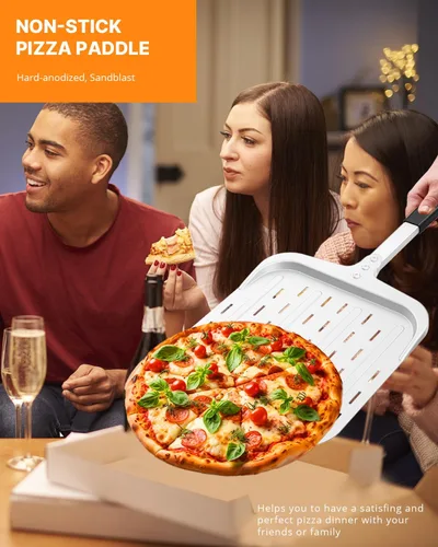 Vista 4 de Pala de pizza de 12 pulgadas, pala de aluminio para pizza (12 x 13.7 pulgadas) con diseño perforado y mango resistente al calor, herramienta
