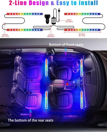Vista 5 de YM E-Bright Tiras de luces LED RGB para automóvil con control de aplicación, mando a distancia inteligente, interior de neón debajo del salpicadero