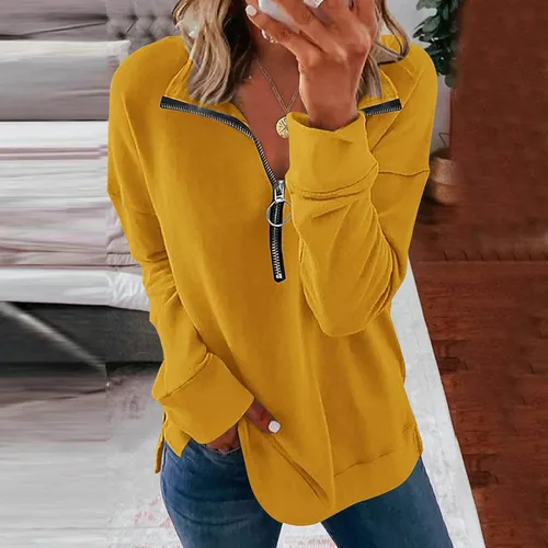 Vista 2 de Sudadera con cremallera de 14 para mujer holgada casual para otoño cómoda de manga larga blusa Rojo