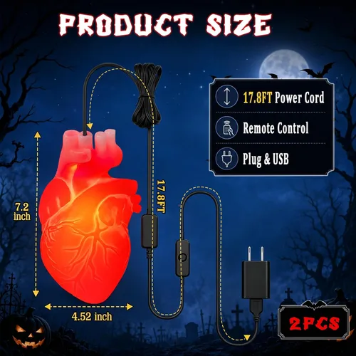Vista 3 de Paquete de 2 luces de esqueleto de Halloween, luz de corazón latiendo