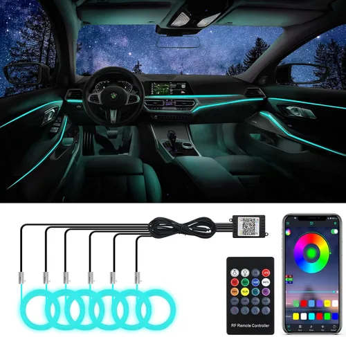 Vista 7 de Tira de luces LED para automóvil, 5 en 1, luz interior del automóvil, kit de iluminación LED ambiental con RGB de 16 millones de colores y fibra