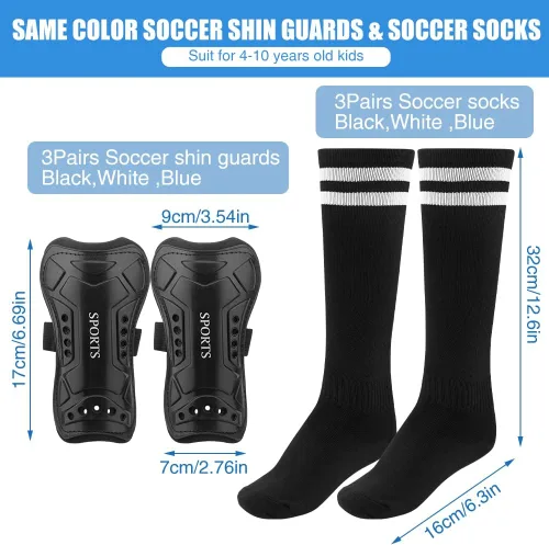 Vista 7 de 3 pares de espinilleras de fútbol juvenil, resistentes a los impactos, 3 pares de calcetines largos de fútbol, espinilleras flexibles para niños