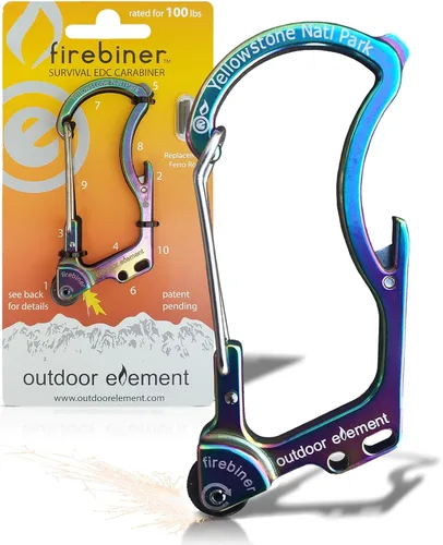 Vista 26 de OUTDOOR ELEMENT Firebiner Custom Engraved 6-in-1 Fire Starter Carabiner Multitool – Survival Gear EDC Keychain with Utility Blade, Bottle Opener
