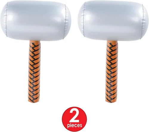 Vista 4 de Beistle Martillos inflables, paquete de 2, accesorios inflables novedosos con cabeza plateada y mango marrón, premios de carnaval de héroe