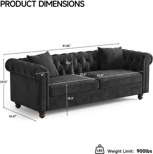 Vista 3 de ONBRILL Sofá Chesterfield de 82 pulgadas, sofá de terciopelo de 23 pulgadas de profundidad para sala de estar, sofá capitoné con botones con brazos