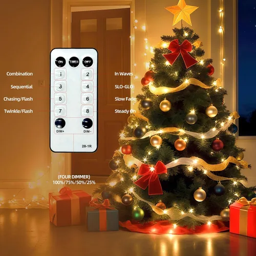 Vista 8 de AHAWILL Luces de Navidad blancas cálidas para exteriores, tira de 250 luces LED de 83 pies con 8 modos, luces de árbol de Navidad para interiores