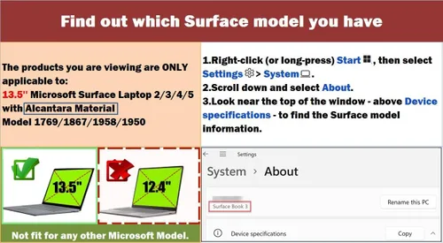 Vista 2 de Se7enline Compatible con Microsoft Surface Laptop 5 2022 de 13.5 pulgadas para Surface Laptop 4/3/2, material Alcantara 1769/1867/1958/1950