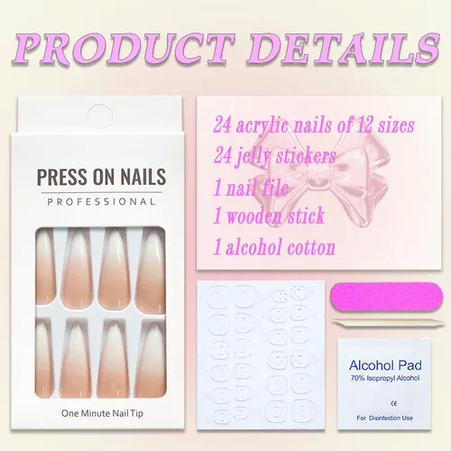Vista 4 de Uñas postizas largas a presión estilo stiletto, uñas postizas francesas degradadas blancas, uñas postizas brillantes de cobertura completa