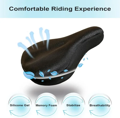Vista 5 de Cojín de gel grueso y ancho para asiento de bicicleta con funda impermeable - Cómodo cojín de silicona de espuma viscoelástica para asiento