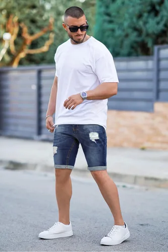 Vista 6 de GINGTTO Pantalones cortos de mezclilla rasgados ajustados para hombre