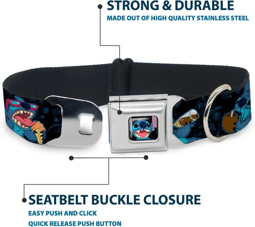 Vista 4 de Buckle-Down Collar de perro con hebilla de cinturón de seguridad, Poses de refrigerio de puntada, negro/azul, 1 pulgada de ancho, se adapta a cuello