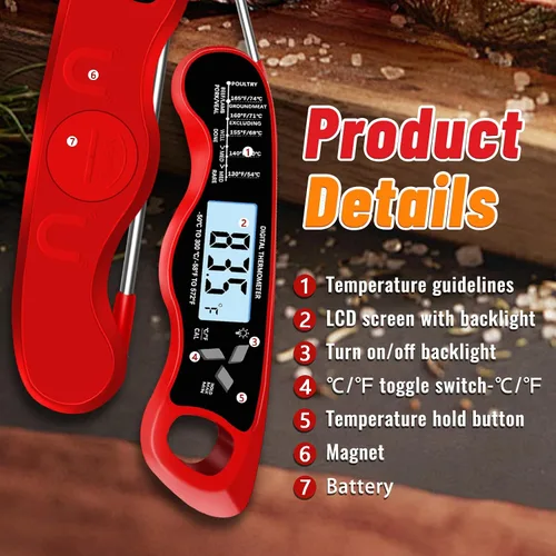 Vista 4 de Termómetro digital de la carne, termómetro impermeable de la comida IP67 Rojo