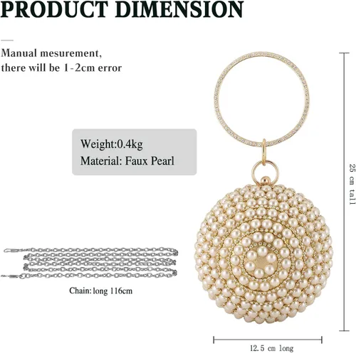 Vista 3 de Bolso de mano redondo para mujer, con diamantes de imitación, bolso de noche con cuentas de perlas