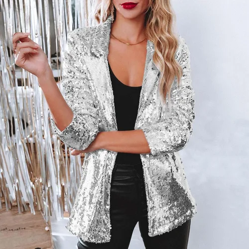 Vista 6 de Women Sequins Jackets Open Front Blazer Jacket Trendy Long Sleeve Sparkly Glitter Cardigan Suit Coat with Pockets