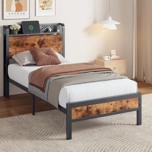 Vista 9 de Furnulem Base de cama tamaño individual con luces LED y estación de carga, base de cama con cabecera de almacenamiento de madera, cama de plataforma