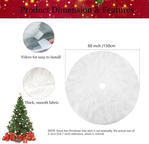 Vista 2 de Falda de árbol de Navidad de 58 pulgadas, falda de árbol de piel sintética nevada gruesa de lujo extra grande, terciopelo de felpa blanco