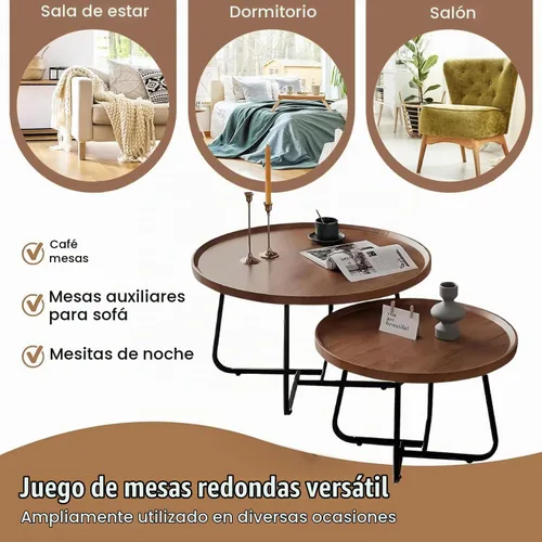 Vista 2 de Juego de 2 mesas de centro redondas anidadas, de 28 pulgadas de nogal con acanaladas, modernas de mediados de siglo, centro para sala de estar
