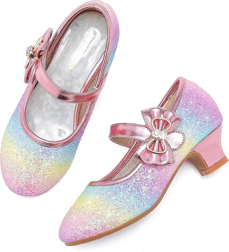 Vista 3 de Dufannie Zapatos de vestir para niñas, zapatos de tacón bajo de princesa, zapatos planos con purpurina para bodas y fiestas