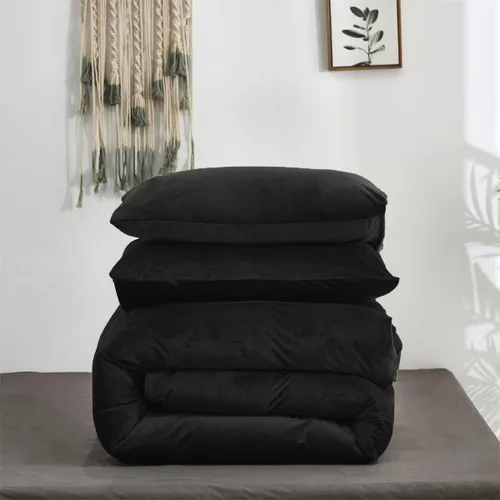 Vista 5 de Wellboo - Juego de edredón de terciopelo color negro tamaño full, ropa de cama esponjosa de color sólido, colcha de franela para mujeres y hombres