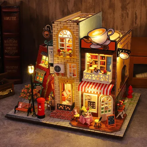 Vista 9 de Kit de casa en miniatura para hacer bricolaje, kit de casa de muñecas en miniatura, rompecabezas de madera 3D de café con fundas LED a prueba