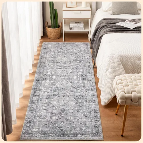 Vista 260 de Istana Alfombra larga antideslizante de 2.5 x 8 para el hogar, para pasillo y cocina, lavable, sedosa y suave al tacto, elegante, color azul y marfil