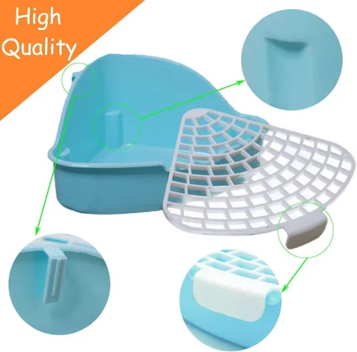 Vista 3 de Hamiledyi Caja de arena pequeña para conejo para jaula triangular, entrenador de orinal de esquina, conejo, inodoro, bandeja de plástico para Azul