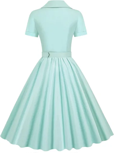 Vista 4 de Audrey Hepburn - Vestido de cóctel vintage para mujer, manga Shoet, con botones y cinturón, estilo retro de los años 50, vestidos de fiesta con vuelo