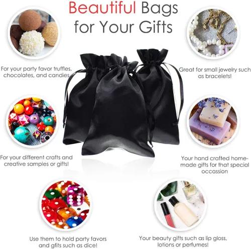 Vista 2 de Bolsas de regalo de satén negro de 3 x 4 pulgadas, bolsas de joyería, bolsas de cordón sedosas para regalos de boda, baby shower, Navidad, 50 por