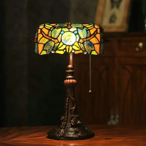 Vista 6 de Tiffany - Lámpara de mesa con vitrales para sala de estar, lámpara de piano con libélula lateral, pequeña de 15.5 pulgadas de alto, lámpara