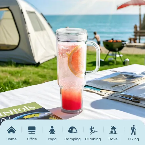 Vista 5 de Vaso de plástico de 40 onzas con asa y tapa de pajilla, vaso transparente, botella de agua de plástico reutilizable de doble pared al vacío, taza