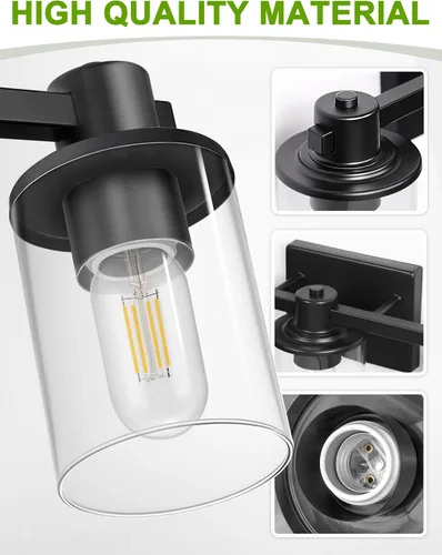 Vista 4 de L LOHAS LED Lámpara de baño negra de 3 luces sobre el espejo, moderna lámpara de tocador negra mate con pantalla de vidrio transparente, luces