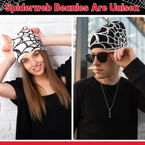 Vista 6 de Gorros Y2K Y2K con patrón de telaraña, gorro de punto acrílico gótico, gorro de punto casual para hombre