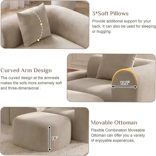 Vista 8 de Sofá de nube curva de 120 pulgadas, sofá seccional en forma de L con mesa Marrón claro