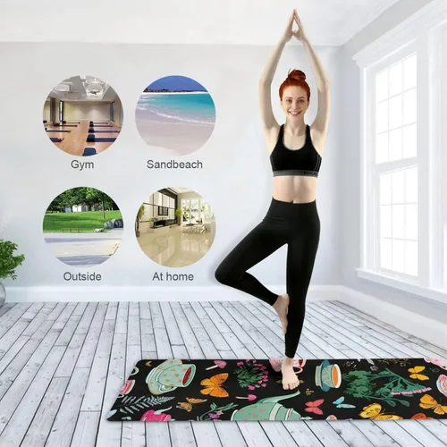 Vista 8 de Juego de té vintage con patrón de esterilla de yoga fina con bolsa incluida, tapete de entrenamiento de fitness antideslizante, tapete de yoga