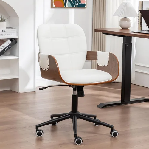 Vista 10 de Silla de escritorio de oficina en casa con ruedas giratorias, artesanía de nogal, respaldo y brazos curvos ergonómicos, piel sintética, altura