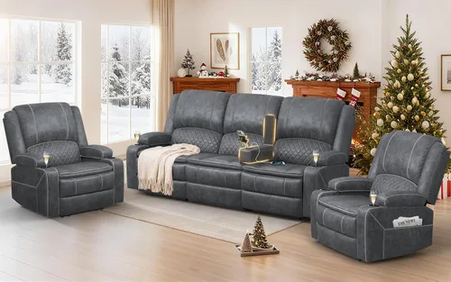 Vista 39 de Sofá reclinable de 3 plazas, sofá reclinable con consola elevable (tela, azul) Reclining Sofa with USB Removable Armrest, RV Sofa with Cup Holder