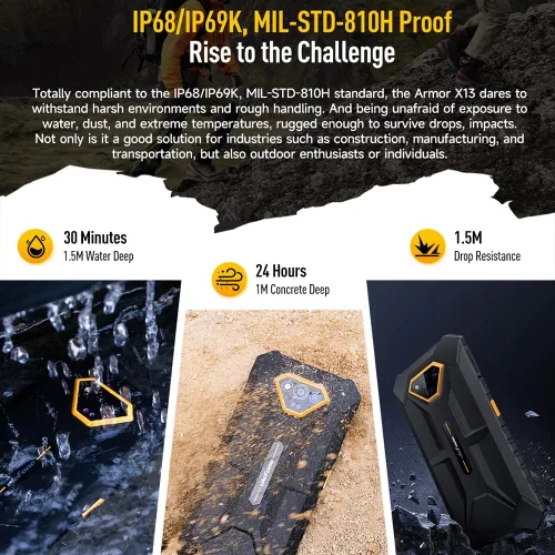 Vista 2 de Ulefone Armor X13 Smartphone resistente desbloqueado, MTK Helio G36 12 GB+64 GB teléfono celular Android 14, cámara de visión nocturna de 50 MP+24