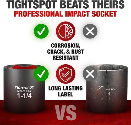 Vista 3 de TIGHTSPOT - Llave de tubo de 1/2 pulgada - Dado de impacto superficial de 1 1/4 pulgadas con diseño de 6 puntas anti-redondez, acero CRV tratado